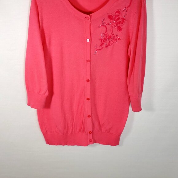 Y2K Vtg MERONA bright coral button up Cardigan Sweater Beaded Embroidered - Picture 5 of 8
